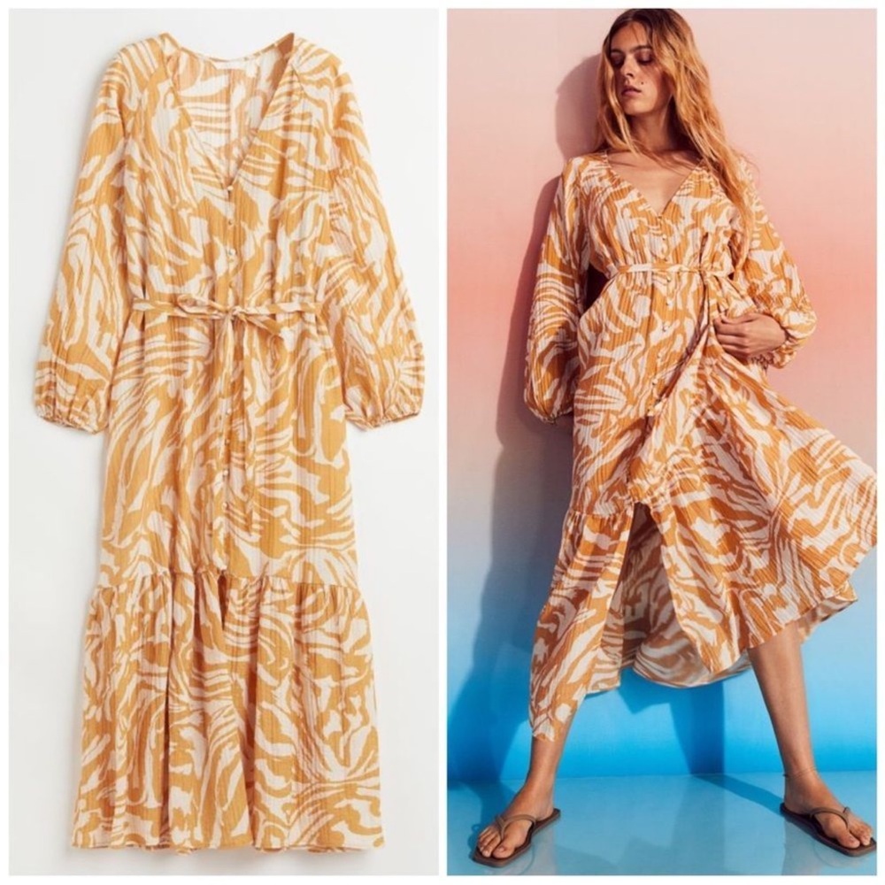 H&M Belted Kaftan Dress Crêpe Orange Patterned New